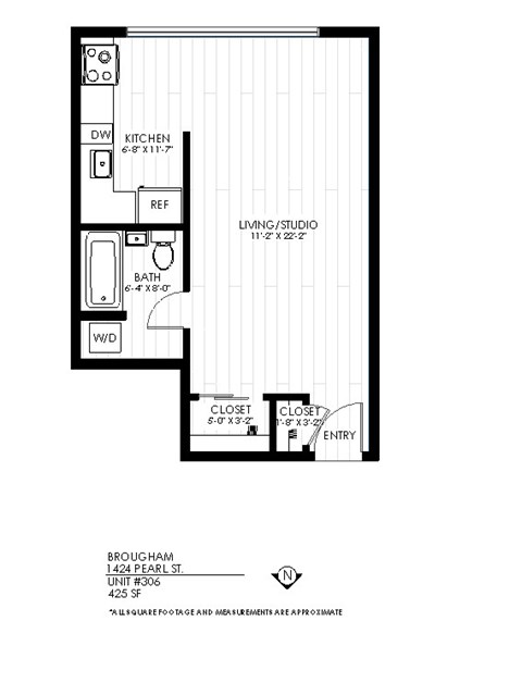 Floor plan for studio, 1 bath, 425 sqft